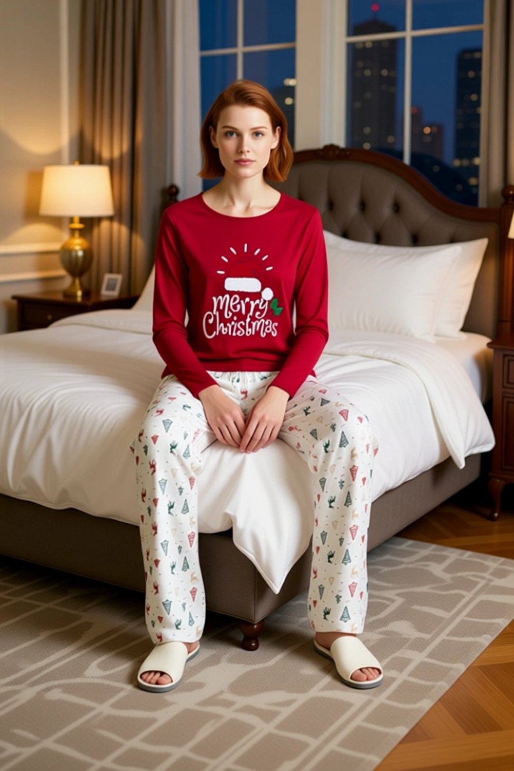 Kadin Kirmizi Yılbaşı Desenli Pamuk Polyester Pijama Fonksiyonel Dayanıklı Kaliteli Modern