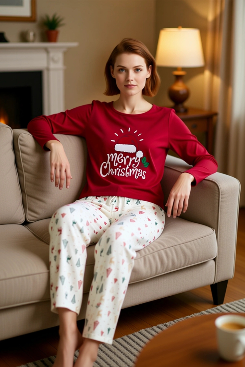 Kadin Kirmizi Yılbaşı Desenli Pamuk Polyester Pijama Fonksiyonel Dayanıklı Kaliteli Modern