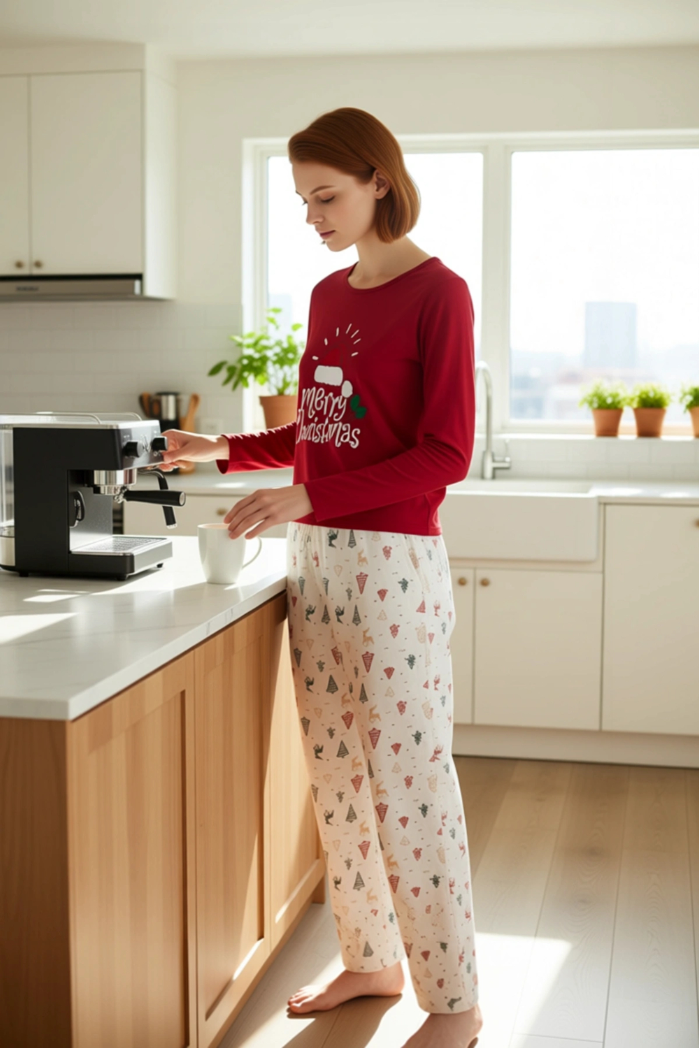 Kadin Kirmizi Yılbaşı Desenli Pamuk Polyester Pijama Fonksiyonel Dayanıklı Kaliteli Modern