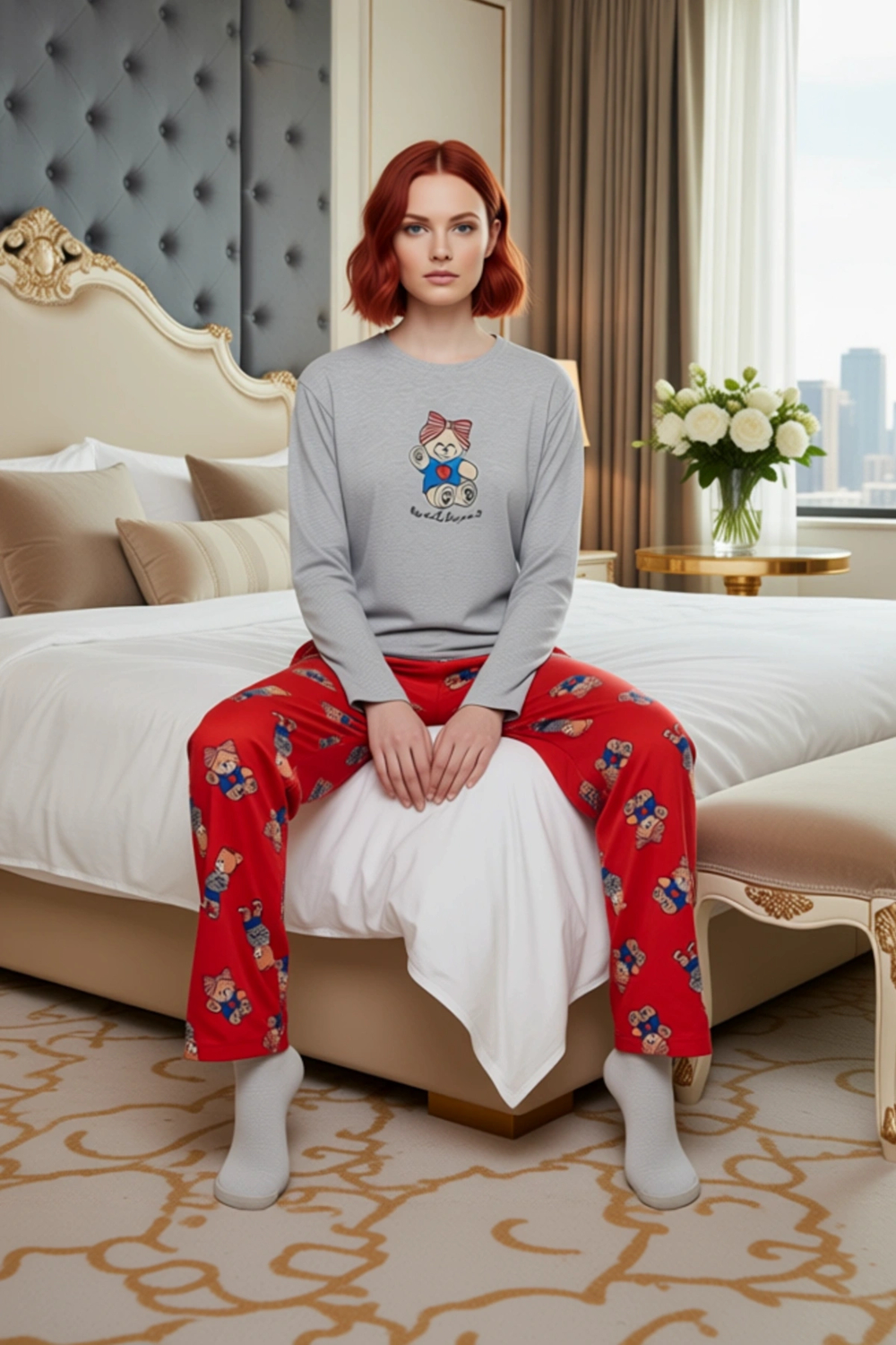 Kadın Sevimli Ayıcık Desenli Pijama Takımı Üst Alt Fonksiyonel Dayanıklı Kaliteli Konforlu
