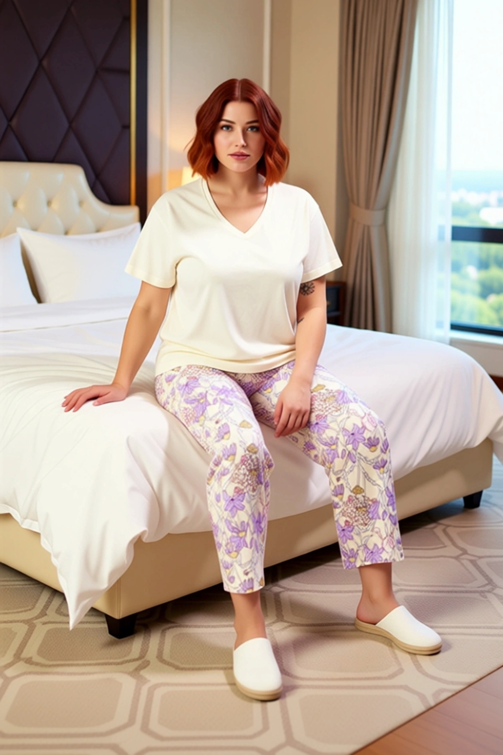Kadın Çiçekli Kapri Pijama Takımı V Yaka Kısa Kollu Fonksiyonel Dayanıklı Kaliteli Estetik