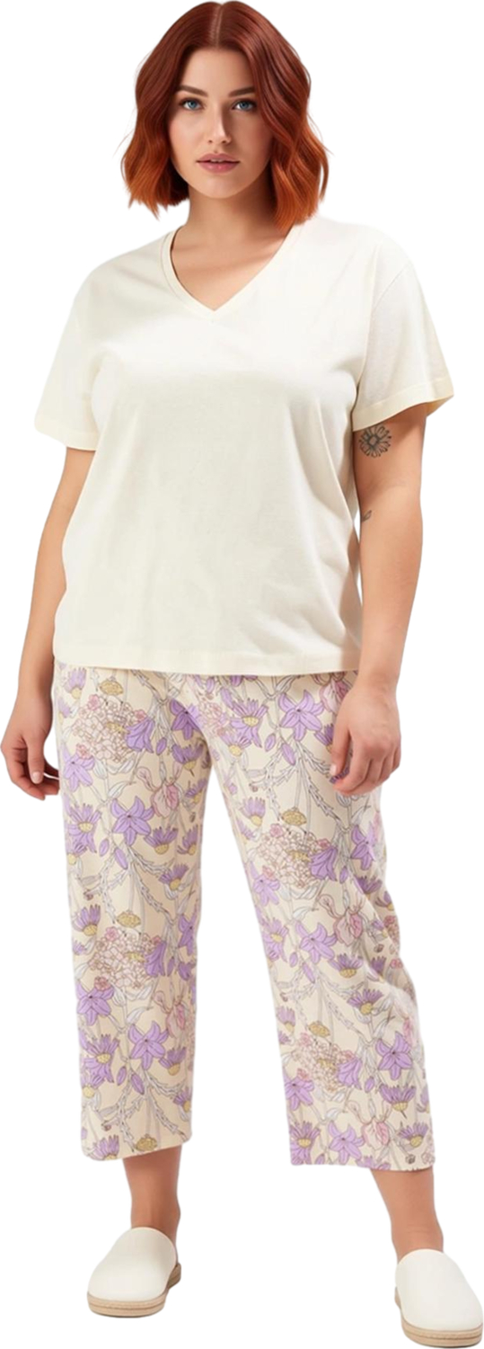 Kadın Çiçekli Kapri Pijama Takımı V Yaka Kısa Kollu Fonksiyonel Dayanıklı Kaliteli Estetik