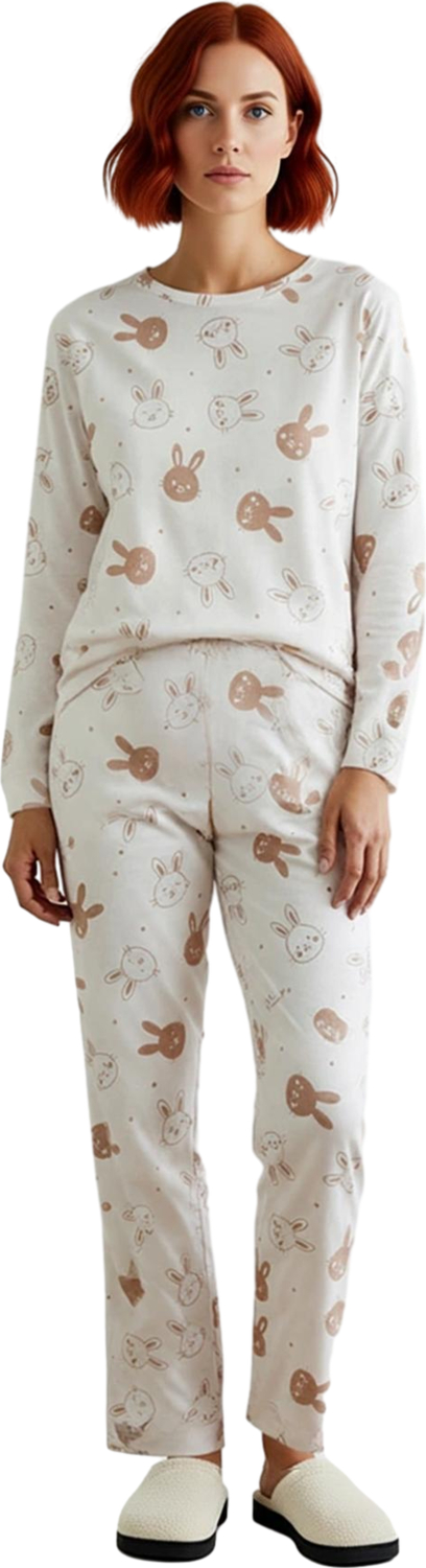 Kadın Tavşan Baskılı Pijama Takımı Bisiklet Yaka Uzun Kollu Fonksiyonel Dayanıklı Kaliteli