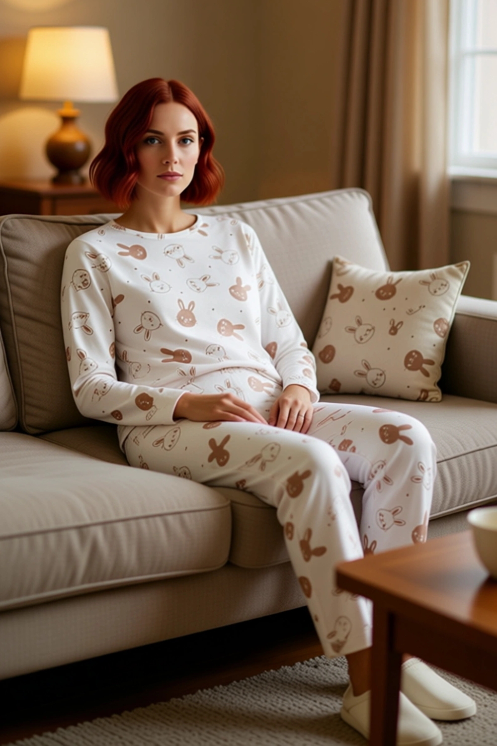 Kadın Tavşan Baskılı Pijama Takımı Bisiklet Yaka Uzun Kollu Fonksiyonel Dayanıklı Kaliteli