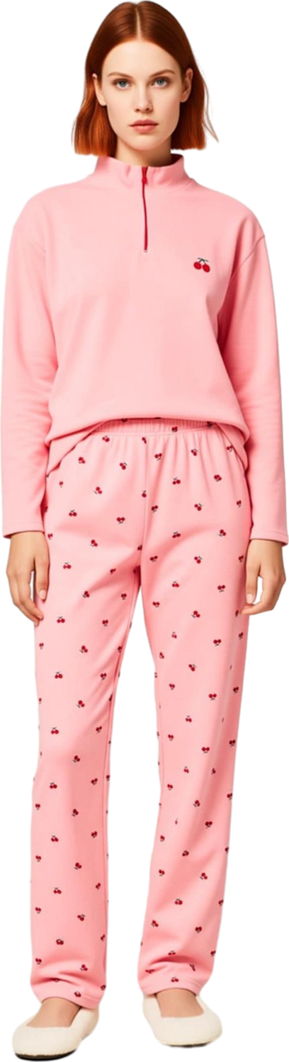 Kadın Kiraz Desenli Fermuarlı Waffle Pijama Takımı Uzun Kollu Fonksiyonel Dayanıklı Modern