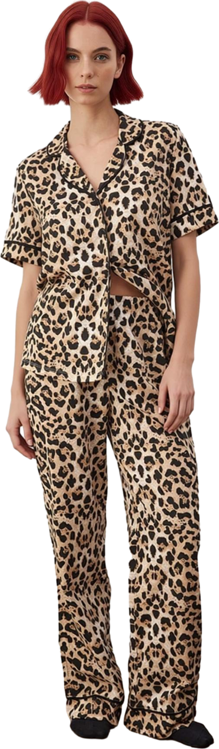Kadın Leopar Desenli Kısa Kollu Pijama Takımı Fonksiyonel Dayanıklı Kaliteli Konforlu Spor