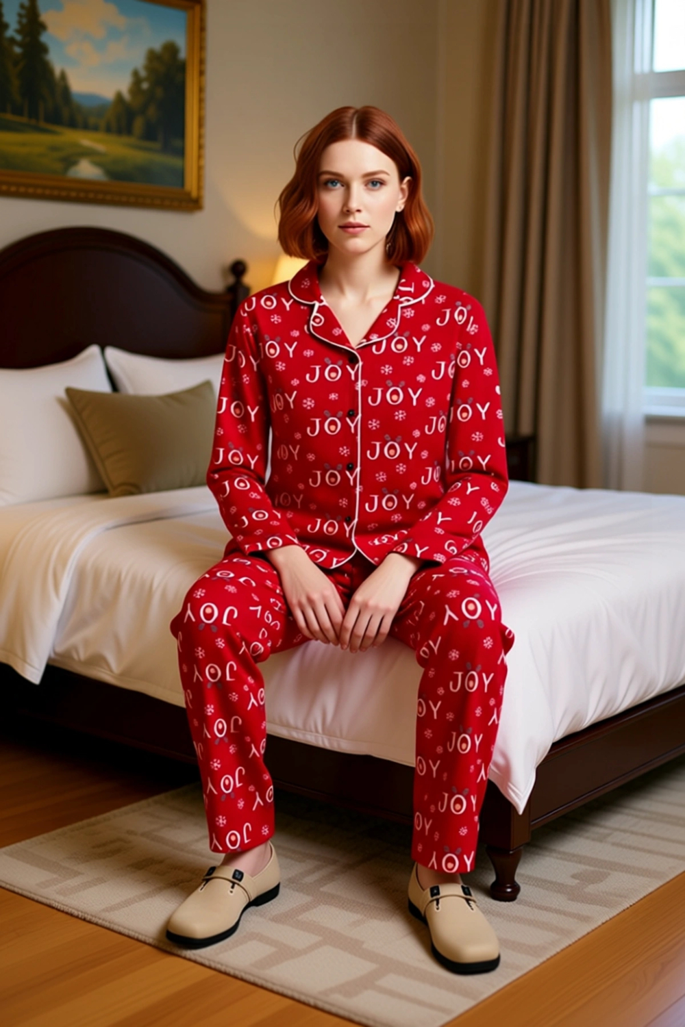 Kadin Kirmizi JOY Baskılı Polar Pijama Takımı Fonksiyonel Dayanıklı Kaliteli Konforlu Spor