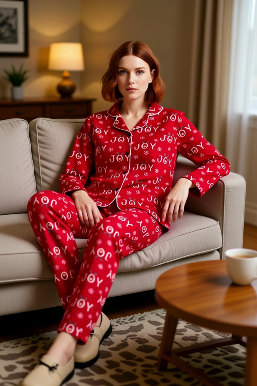 Kadin Kirmizi JOY Baskılı Polar Pijama Takımı Fonksiyonel Dayanıklı Kaliteli Konforlu Spor