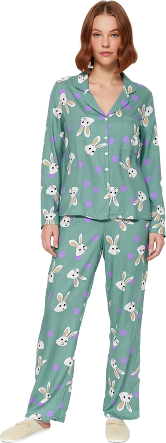 Kadın Viskon Puantiye Tavşan Baskılı Pijama Takımı Fonksiyonel Dayanıklı Kaliteli Konforlu
