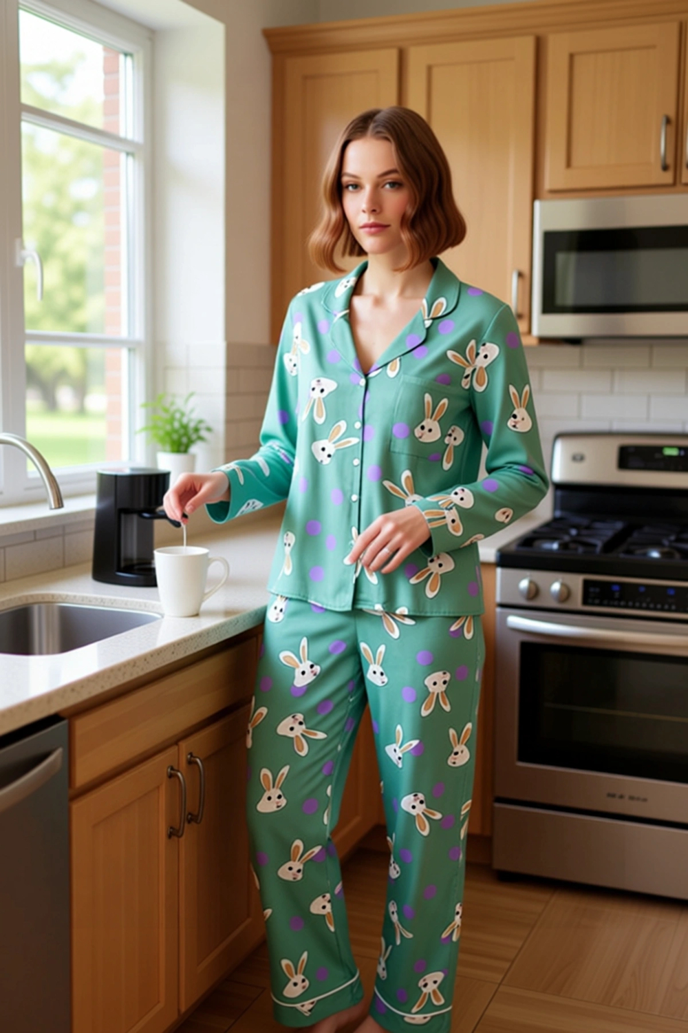 Kadın Viskon Puantiye Tavşan Baskılı Pijama Takımı Fonksiyonel Dayanıklı Kaliteli Konforlu