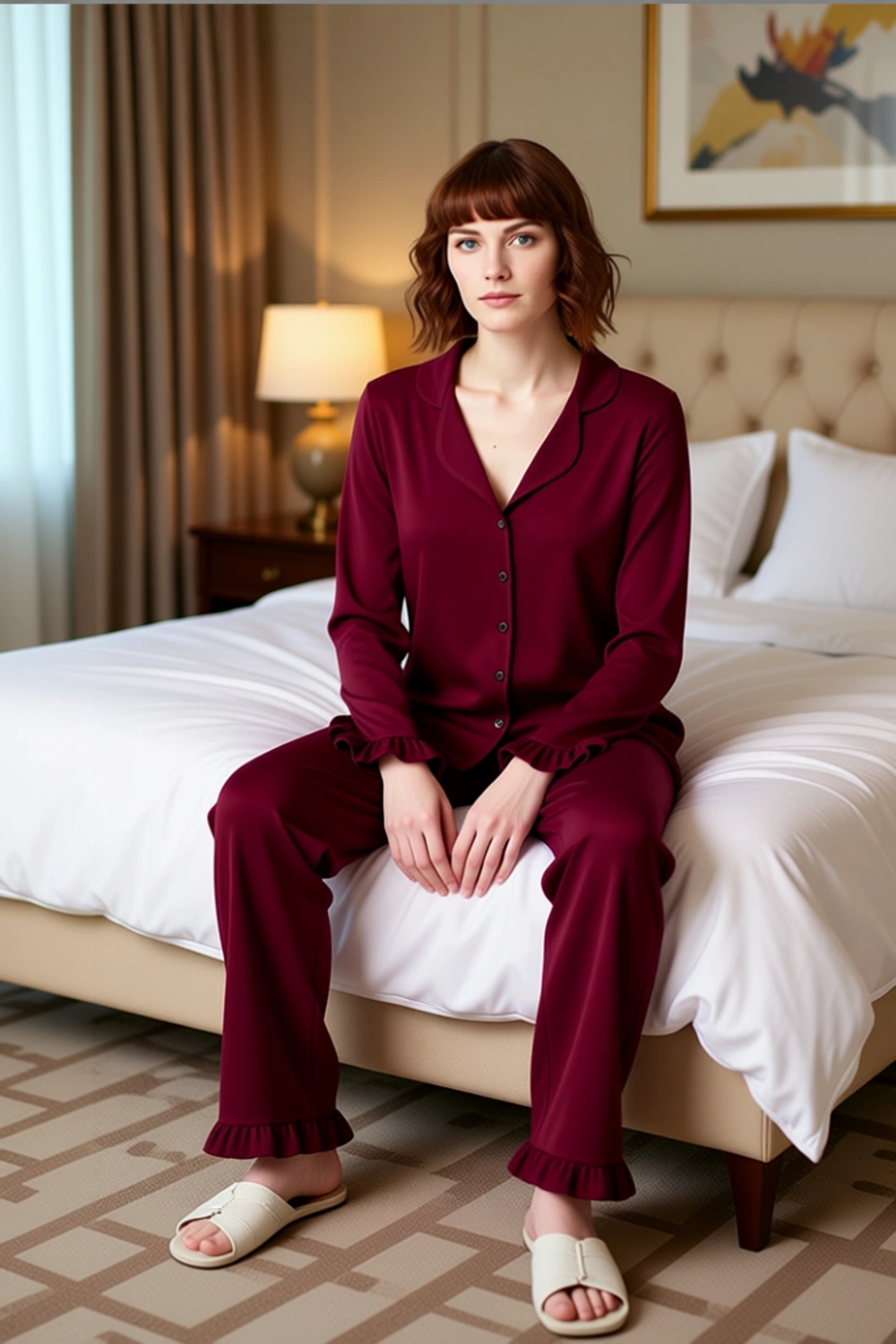 Kadın Gömlek Yaka Volanlı Örme Pijama Takımı Fonksiyonel Dayanıklı Kaliteli Konforlu Rahat