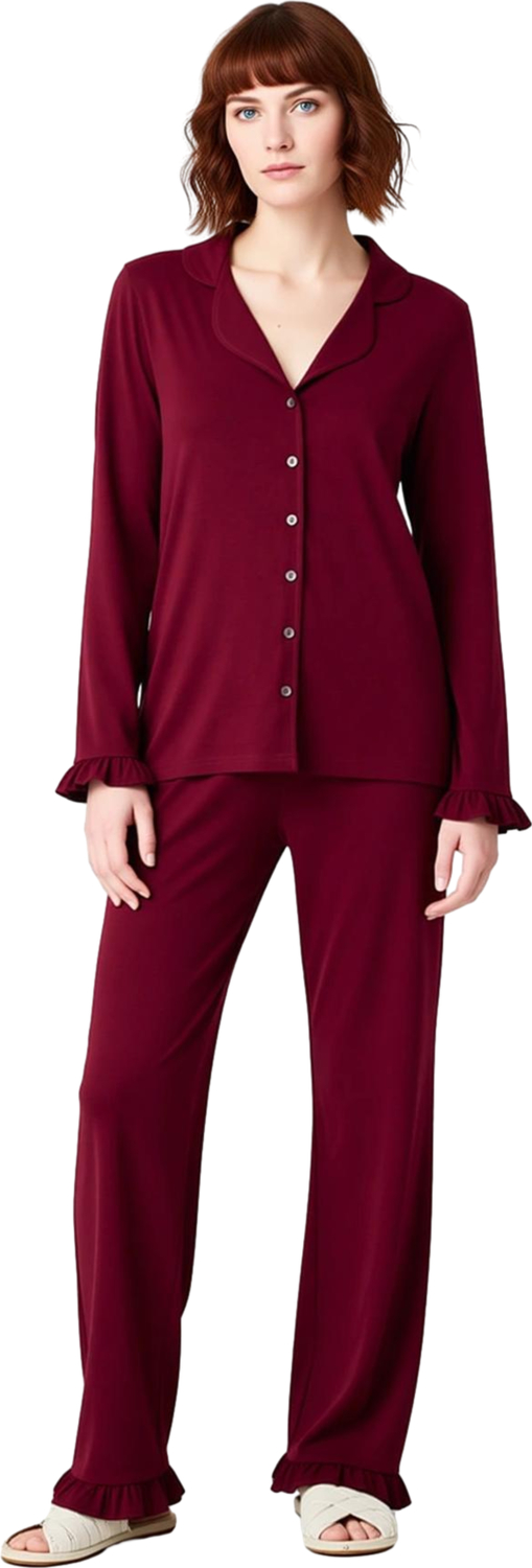 Kadın Gömlek Yaka Volanlı Örme Pijama Takımı Fonksiyonel Dayanıklı Kaliteli Konforlu Rahat