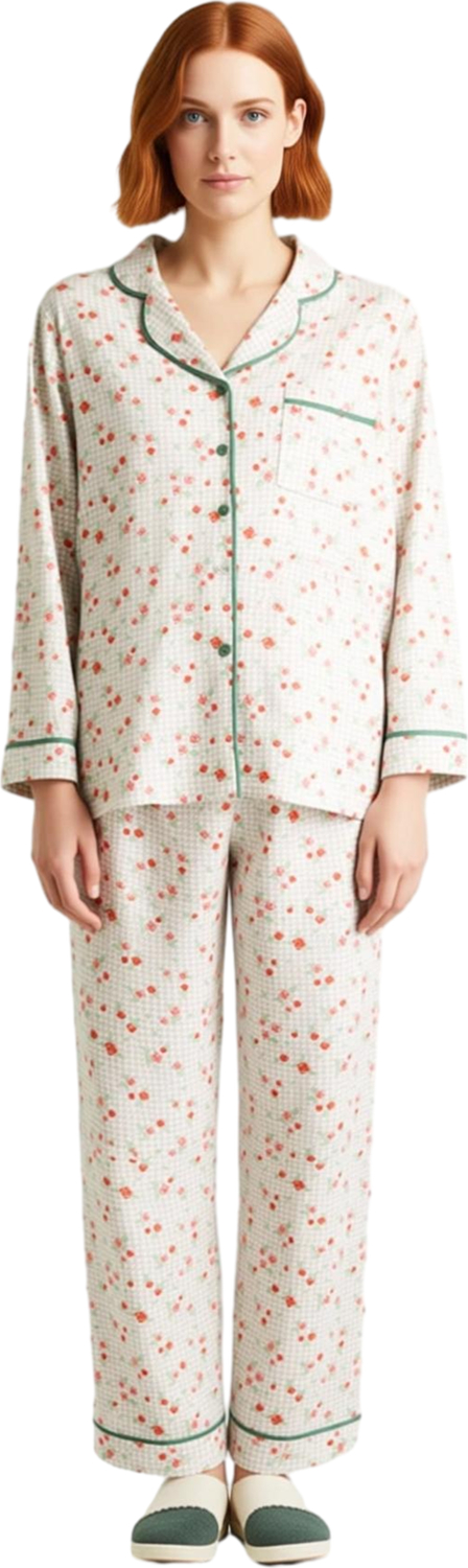 Kadın Çiçekli Gömlek Yaka Uzun Kollu Pijama Takımı Fonksiyonel Dayanıklı Kaliteli Konforlu