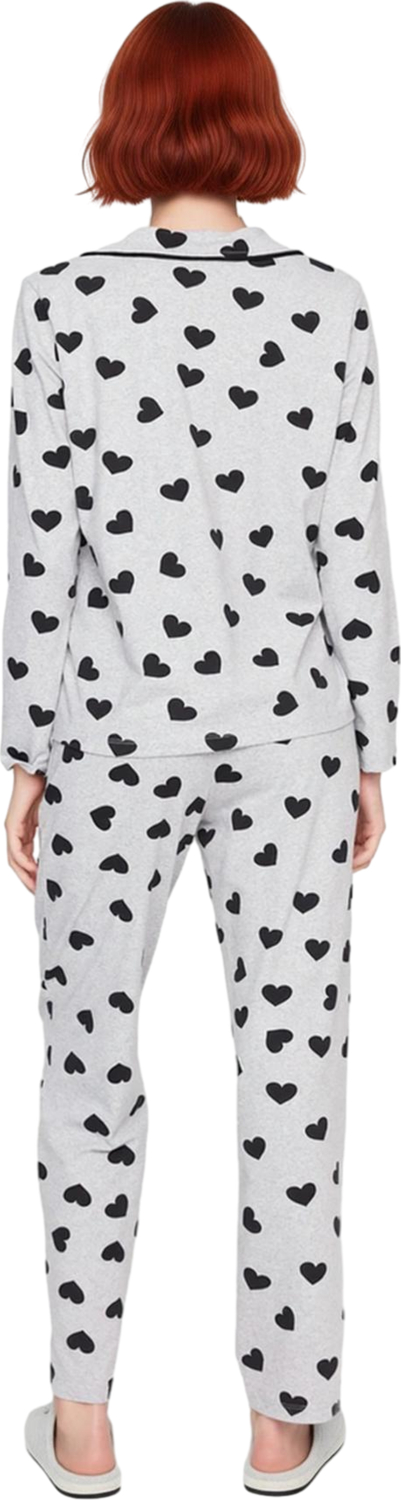 Kadın Kalp Baskılı Gömlek Yaka Pijama Takımı Fonksiyonel Dayanıklı Kaliteli Konforlu Rahat