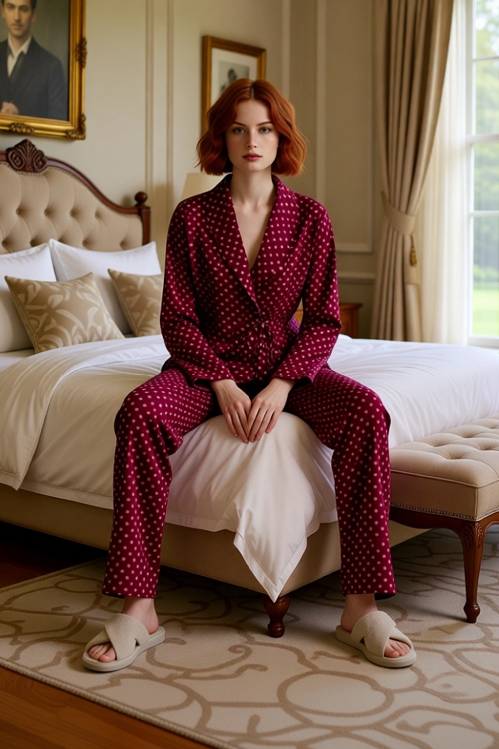 Tarz Rahat Uzun Kollu Boru Paça Kalp Desenli Bağlama Detaylı Viskon Dokuma Pijama Takımı