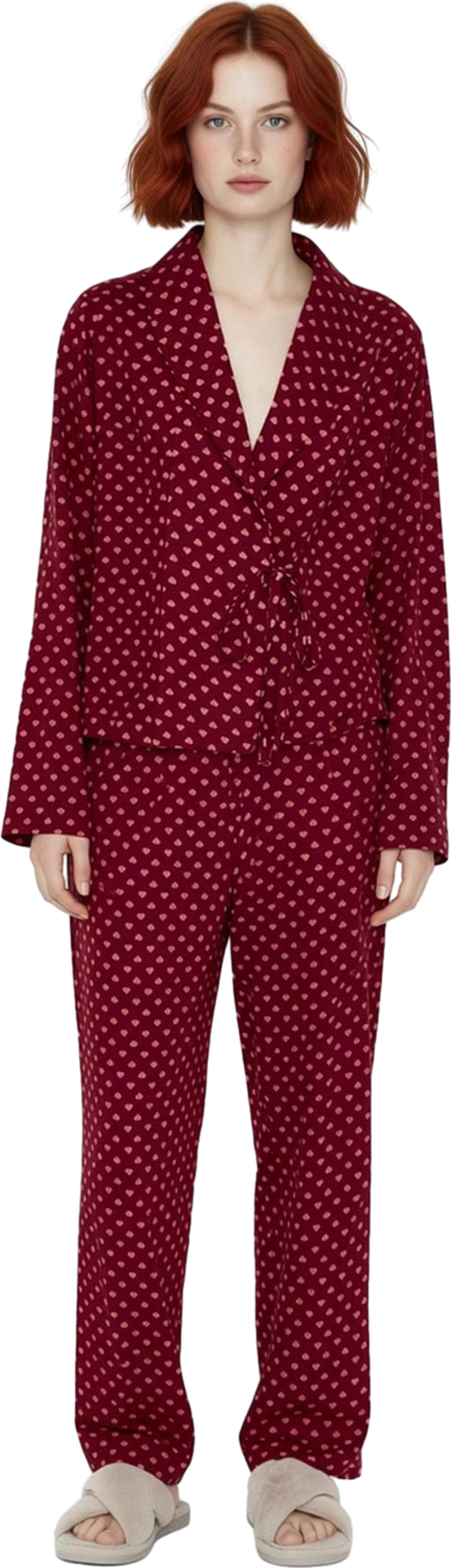 Tarz Rahat Uzun Kollu Boru Paça Kalp Desenli Bağlama Detaylı Viskon Dokuma Pijama Takımı