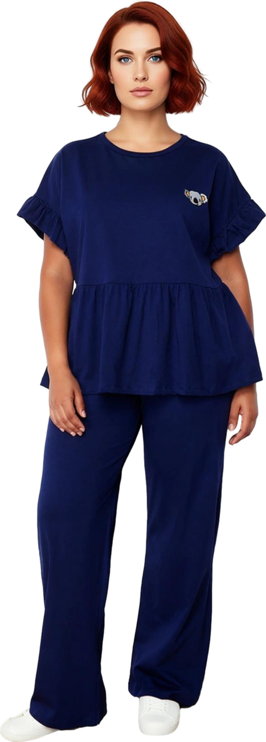 Kadın Bisiklet Yaka Nakışlı Volanlı Pijama Takımı Fonksiyonel Dayanıklı Kaliteli Konforlu Şık