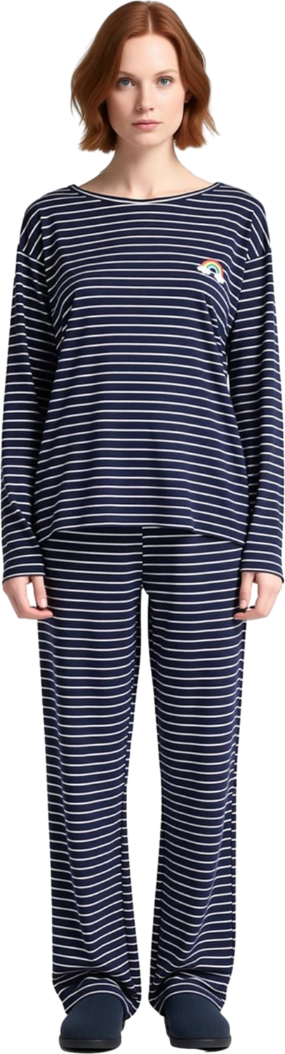 Viskon Gökkuşağı Baskılı Çizgili Pijama Takımı Kadın Fonksiyonel Dayanıklı Kaliteli Modern
