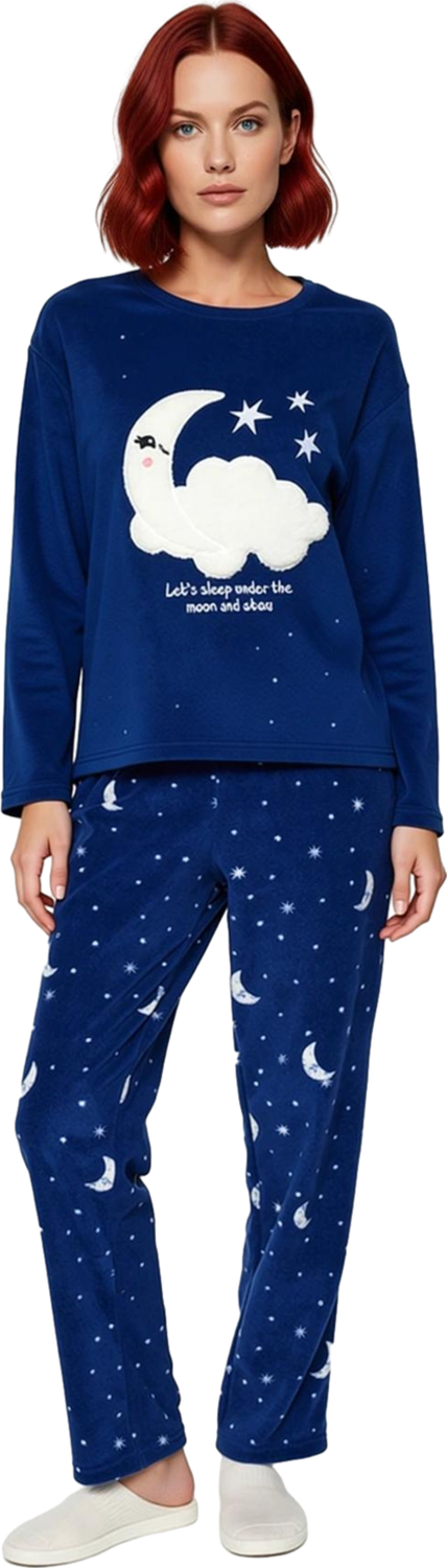 Kadin Gece Bulut Ay Desenli Polar Pijama Seti Fonksiyonel Dayanıklı Kaliteli Konforlu Spor