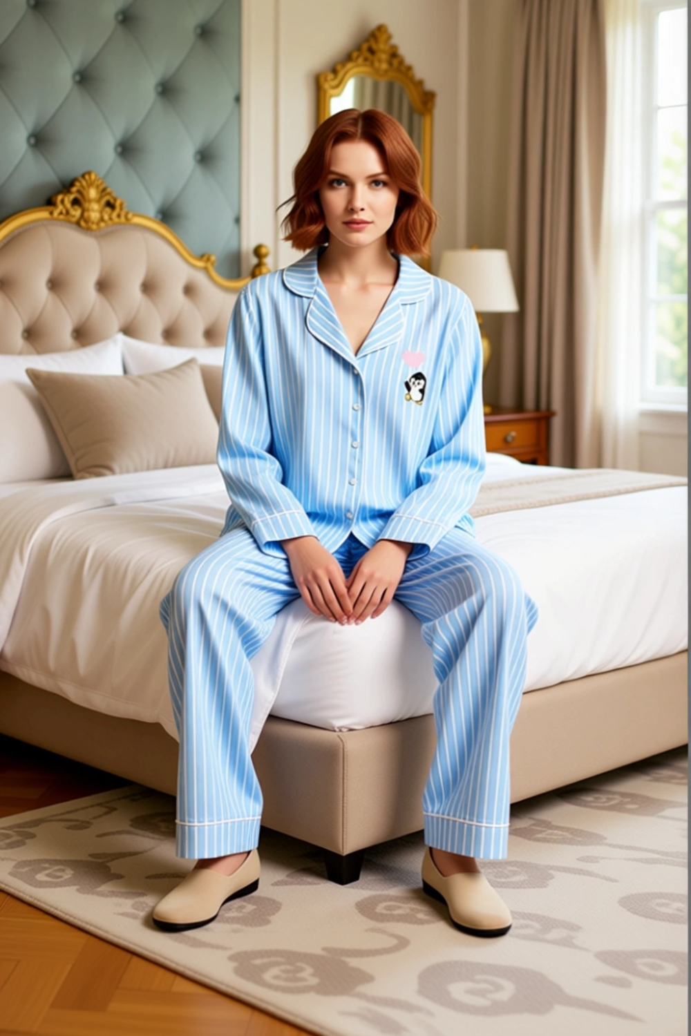 Kadın Gömlek Yaka Çizgili Pamuklu Pijama Takımı Penguen Detaylı Fonksiyonel Dayanıklı Spor