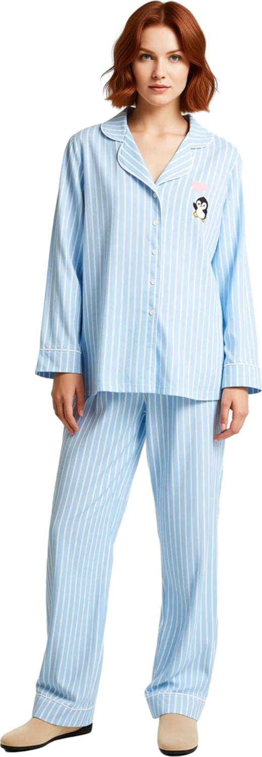 Kadın Gömlek Yaka Çizgili Pamuklu Pijama Takımı Penguen Detaylı Fonksiyonel Dayanıklı Spor