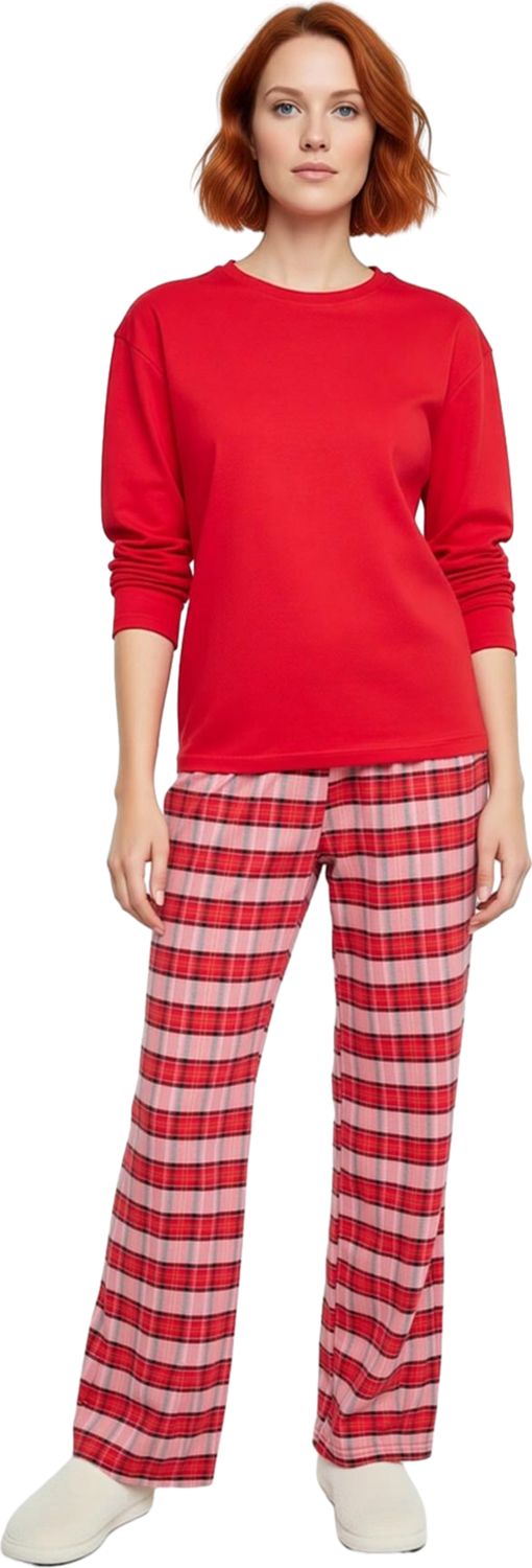 Şık Ekose Desenli Pamuklu Pijama Takımı Bisiklet Yaka Boru Paça Kışlık Günlük Kullanım İçin