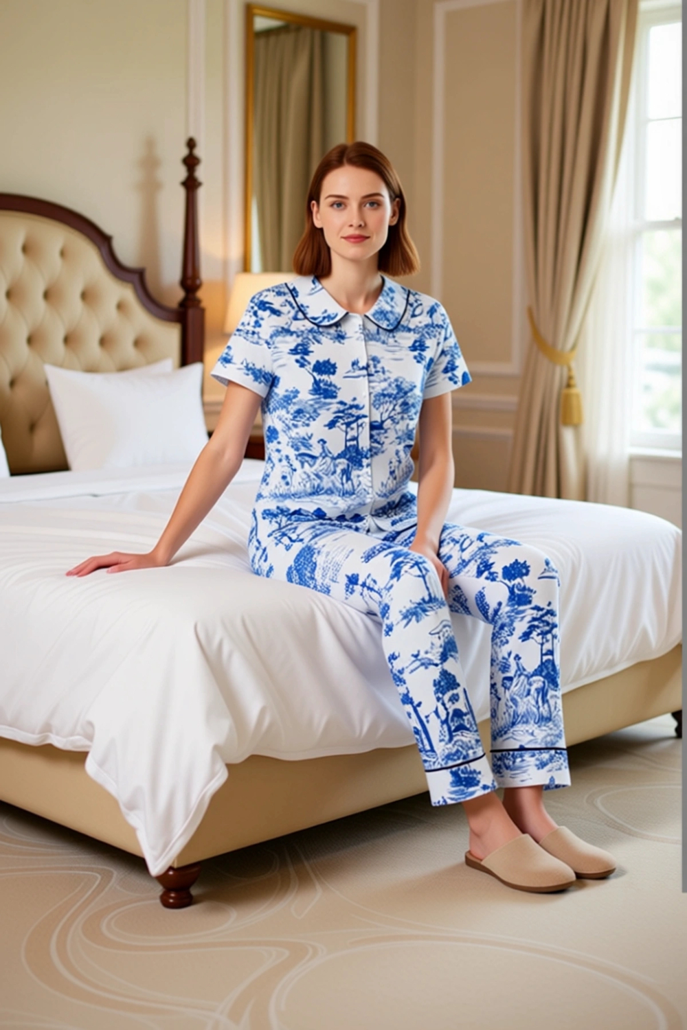 Kadın Toile Desenli Bebe Yaka Kısa Kollu Pijama Takımı Fonksiyonel Dayanıklı Kaliteli Spor