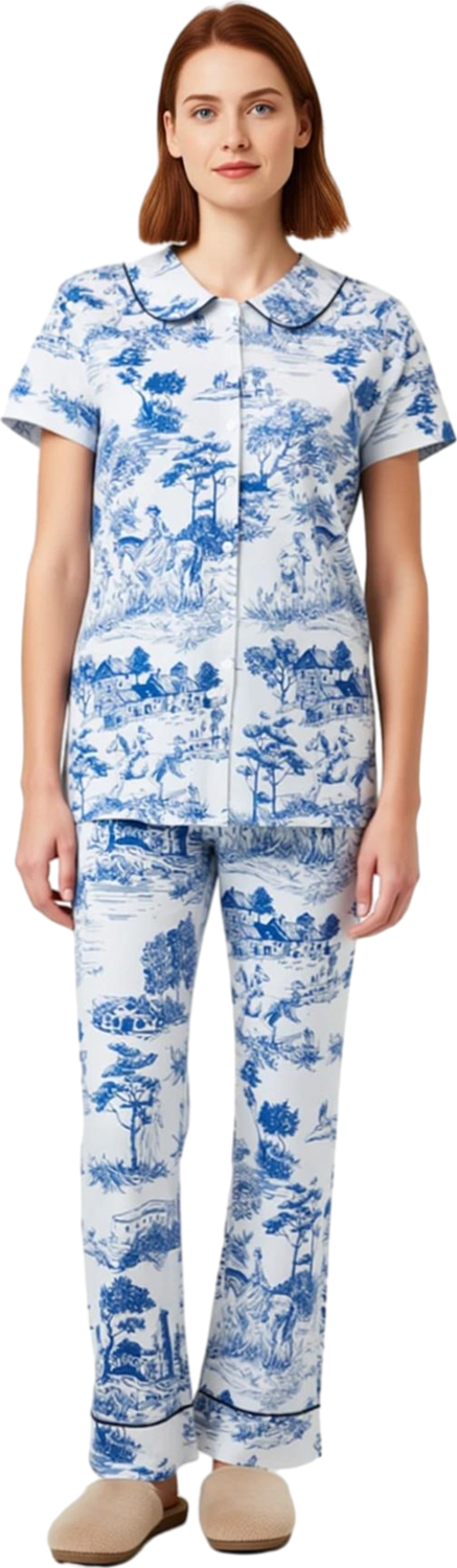 Kadın Toile Desenli Bebe Yaka Kısa Kollu Pijama Takımı Fonksiyonel Dayanıklı Kaliteli Spor