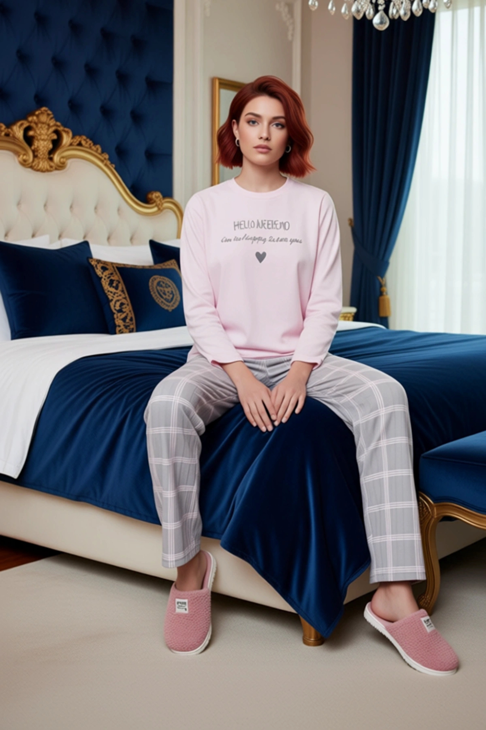 Kadın Pudra Kalp Baskılı Ekose Pantolonlu Pijama Takımı Fonksiyonel Dayanıklı Kaliteli Şık
