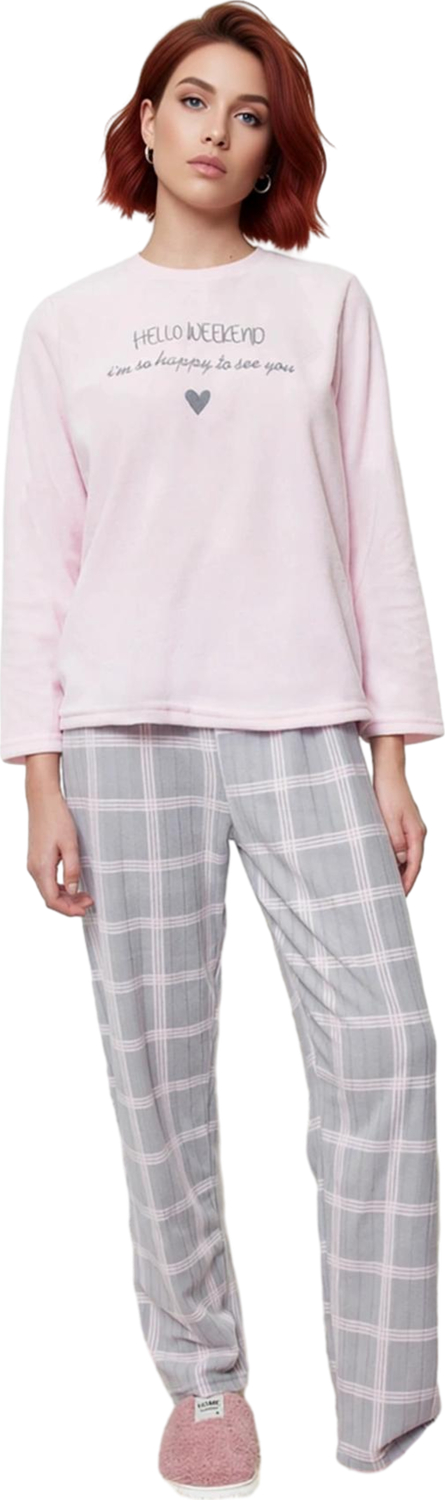Kadın Pudra Kalp Baskılı Ekose Pantolonlu Pijama Takımı Fonksiyonel Dayanıklı Kaliteli Şık