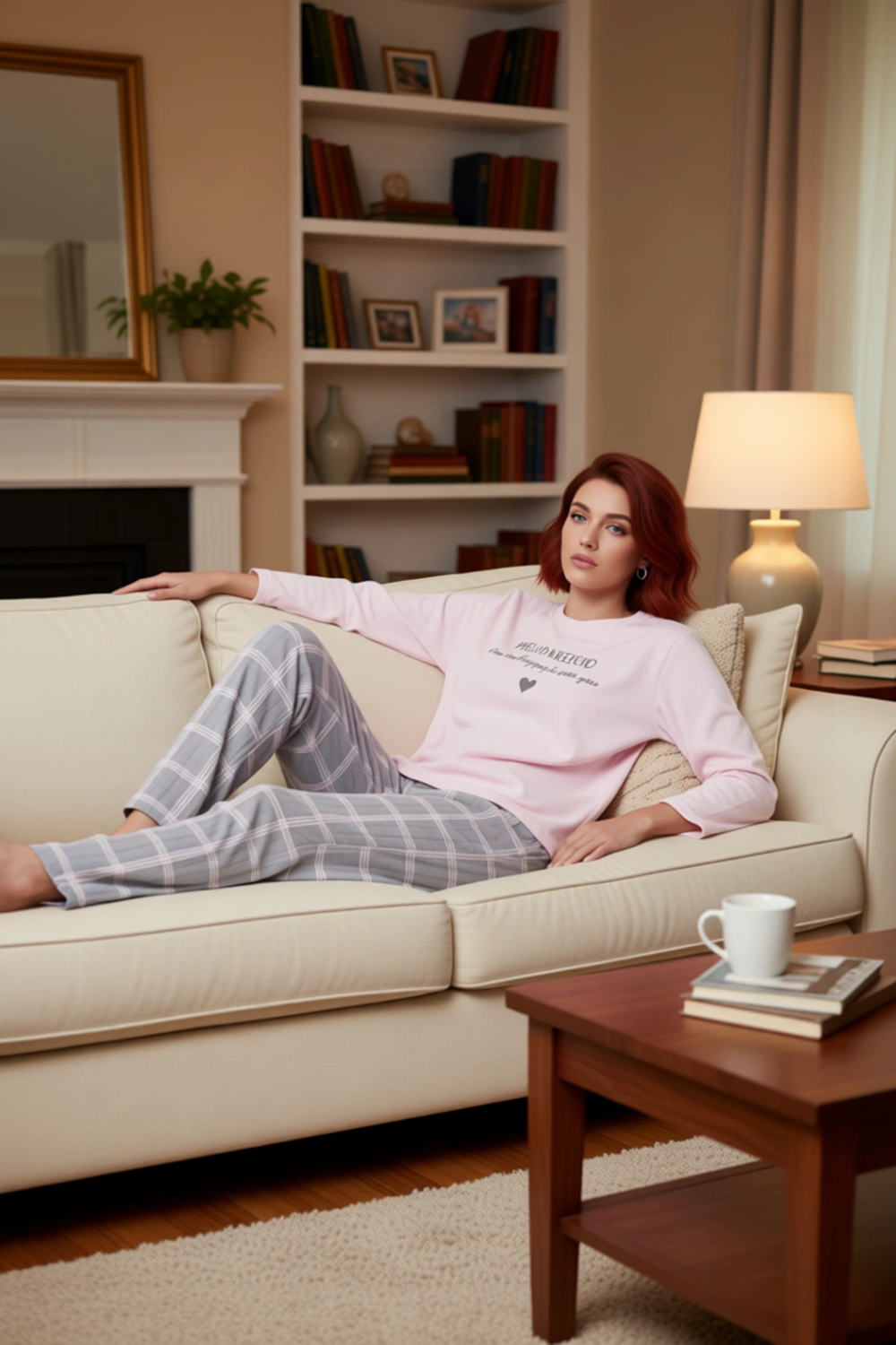 Kadın Pudra Kalp Baskılı Ekose Pantolonlu Pijama Takımı Fonksiyonel Dayanıklı Kaliteli Şık