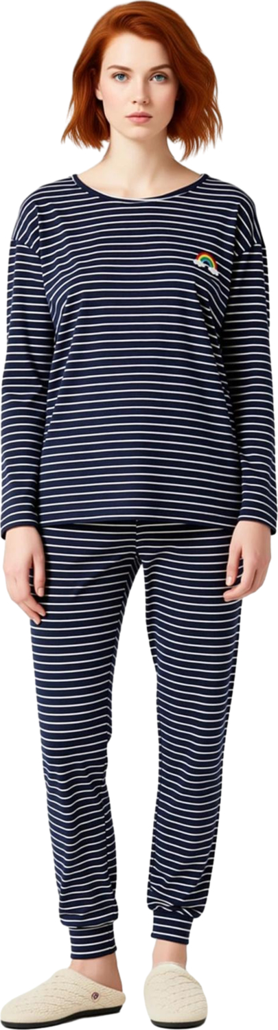 Kadın Çizgili Gökkuşağı Detaylı Pijama Seti Fonksiyonel Dayanıklı Kaliteli Konforlu Modern