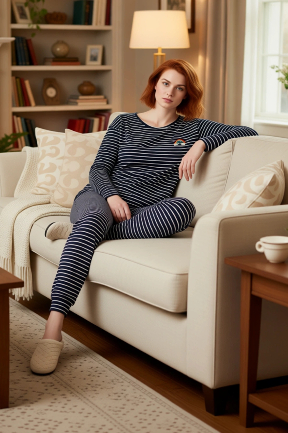 Kadın Çizgili Gökkuşağı Detaylı Pijama Seti Fonksiyonel Dayanıklı Kaliteli Konforlu Modern