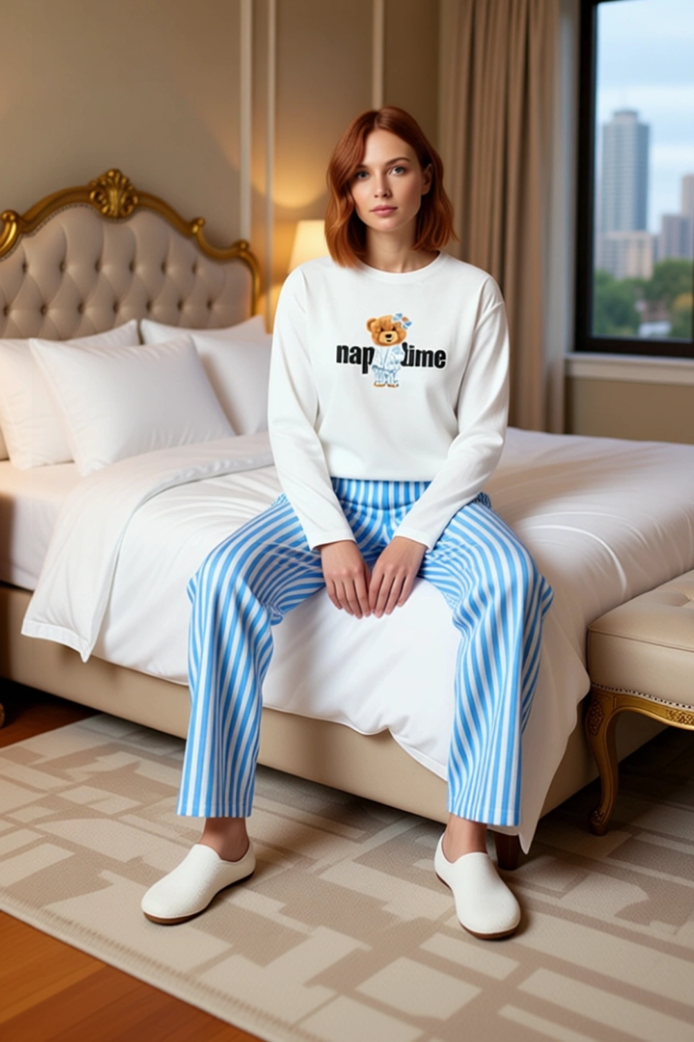 Kadın Ayıcıklı ve Çizgili Pijama Seti Fonksiyonel Dayanıklı Kaliteli Konforlu Estetik Spor