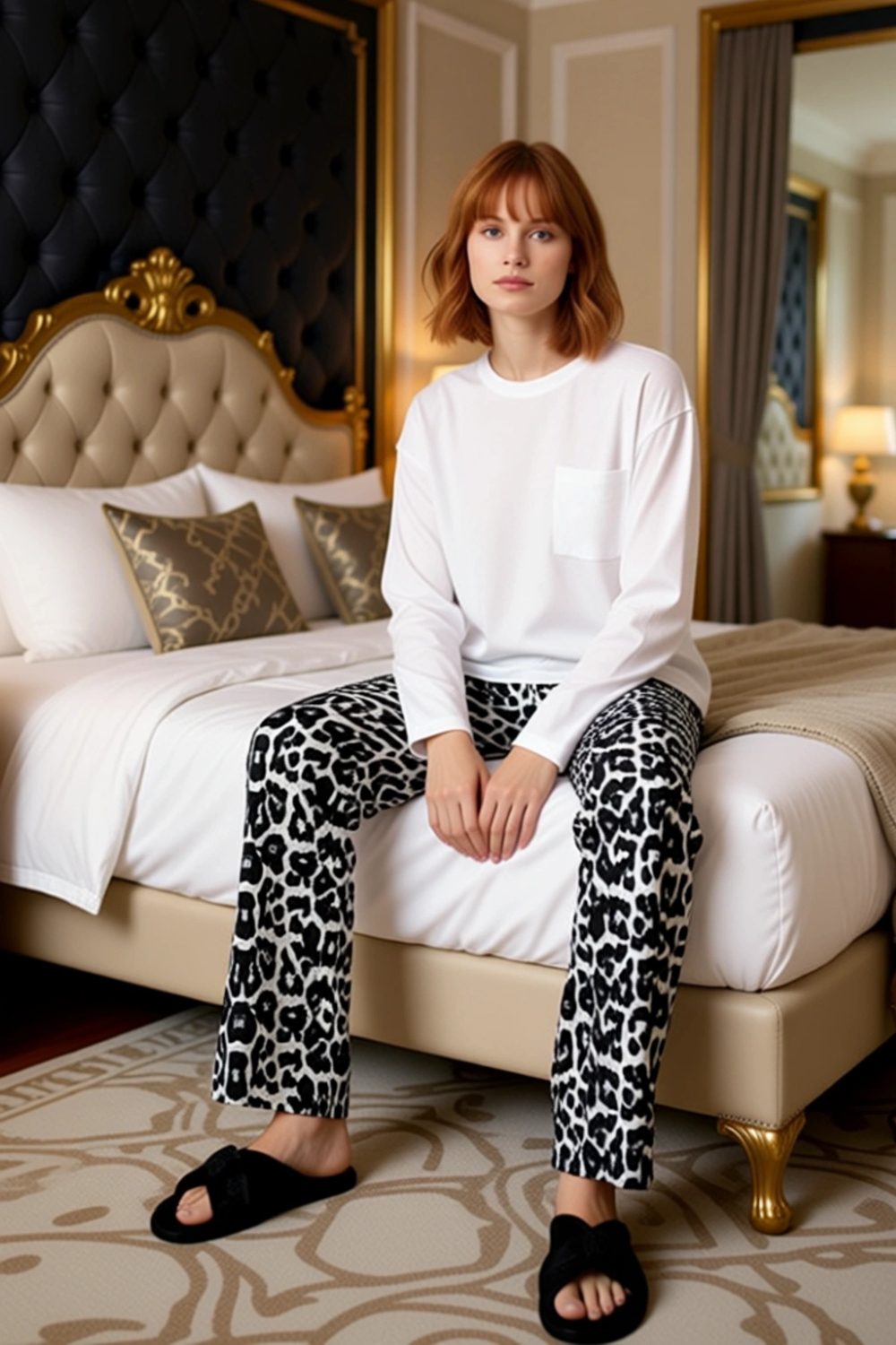 Kadın Uzun Kollu Bisiklet Yaka Leopar Desenli Pijama Takımı Fonksiyonel Dayanıklı Kaliteli