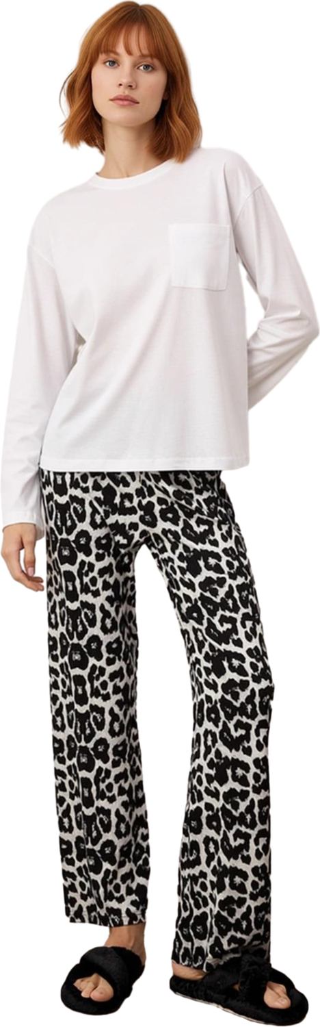 Kadın Uzun Kollu Bisiklet Yaka Leopar Desenli Pijama Takımı Fonksiyonel Dayanıklı Kaliteli