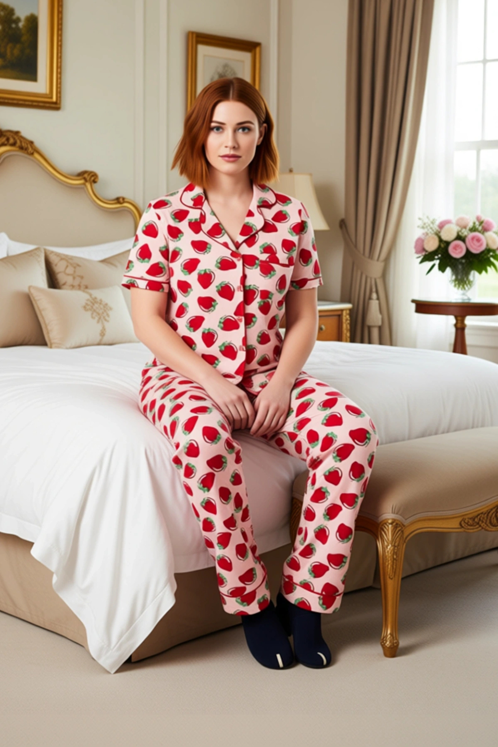 Çilek Baskılı Gömlek Yaka Pijama Takımı Kadın Fonksiyonel Dayanıklı Kaliteli Konforlu Spor