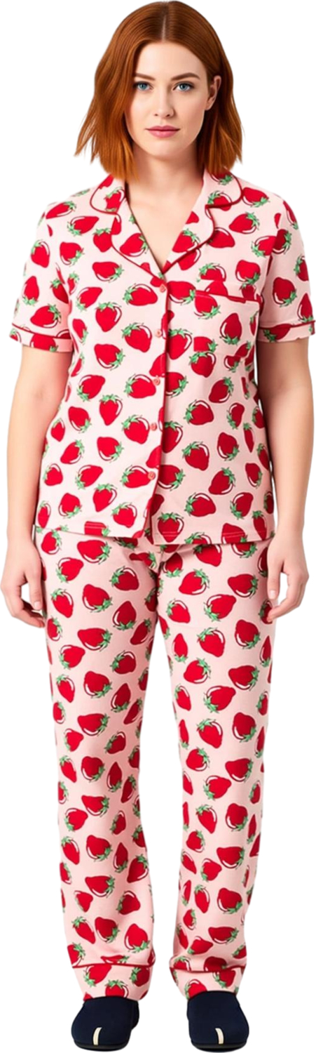 Çilek Baskılı Gömlek Yaka Pijama Takımı Kadın Fonksiyonel Dayanıklı Kaliteli Konforlu Spor