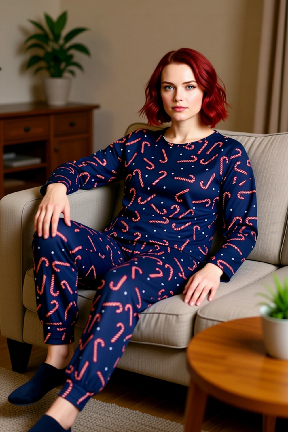 Kadin Kirmizi Beyazli Yılbaşı Temali Pijama Seti Fonksiyonel Dayanıklı Kaliteli Konforlu Şık