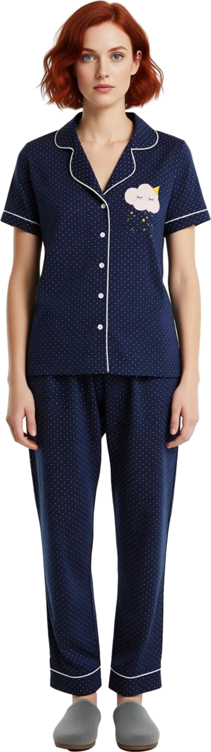 Kadın Puantiye Desenli Gömlek Yaka Pijama Seti Fonksiyonel Dayanıklı Kaliteli Konforlu Şık