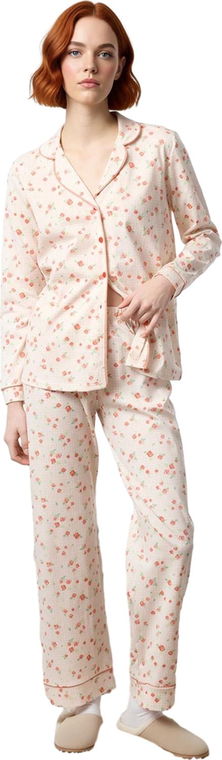 Kadın Çiçekli Pijama Takımı Gömlek Yaka Uzun Kollu Fonksiyonel Dayanıklı Kaliteli Konforlu