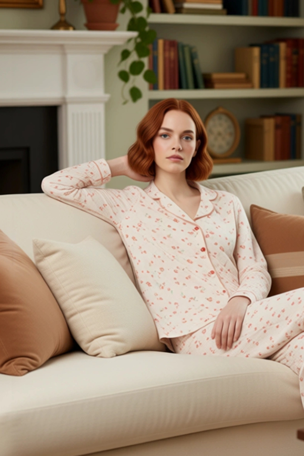 Kadın Çiçekli Pijama Takımı Gömlek Yaka Uzun Kollu Fonksiyonel Dayanıklı Kaliteli Konforlu