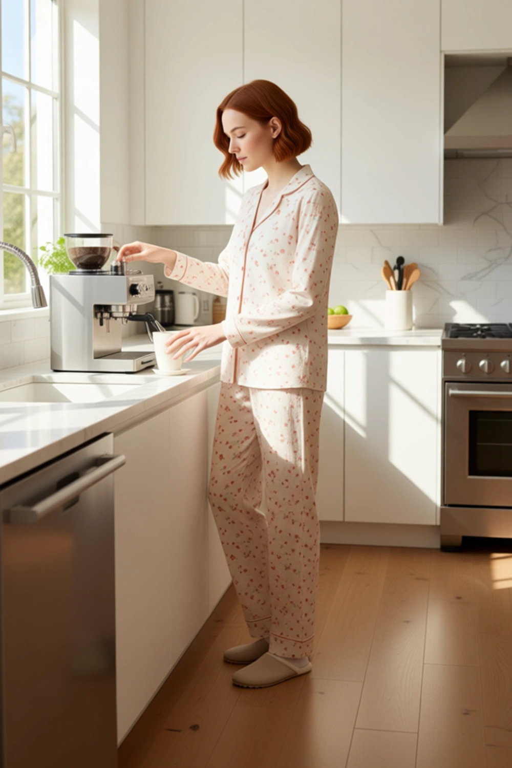 Kadın Çiçekli Pijama Takımı Gömlek Yaka Uzun Kollu Fonksiyonel Dayanıklı Kaliteli Konforlu