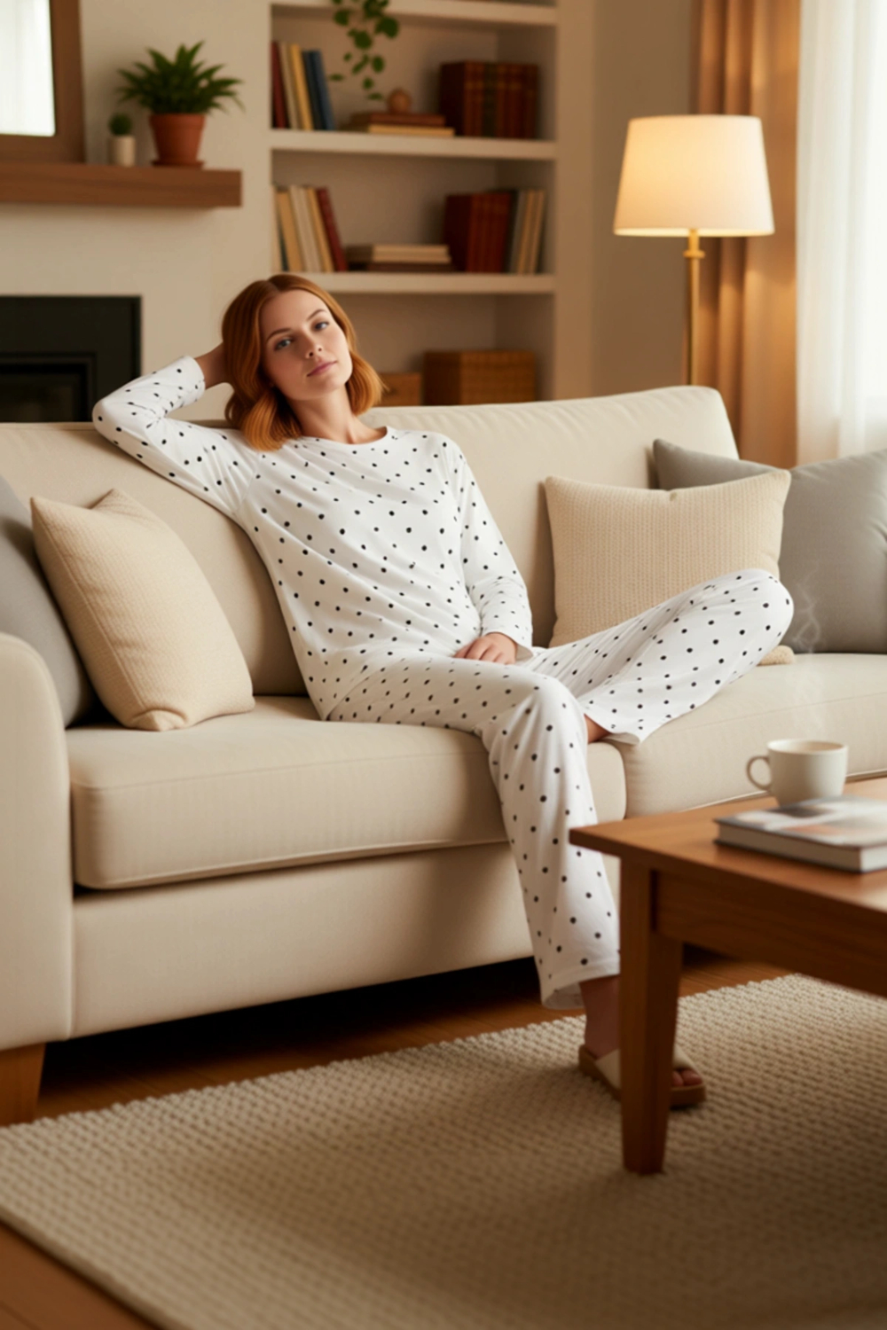 Kadın Puantiye ve Kalp Baskılı Örme Pijama Takımı Fonksiyonel Dayanıklı Kaliteli Konforlu Şık