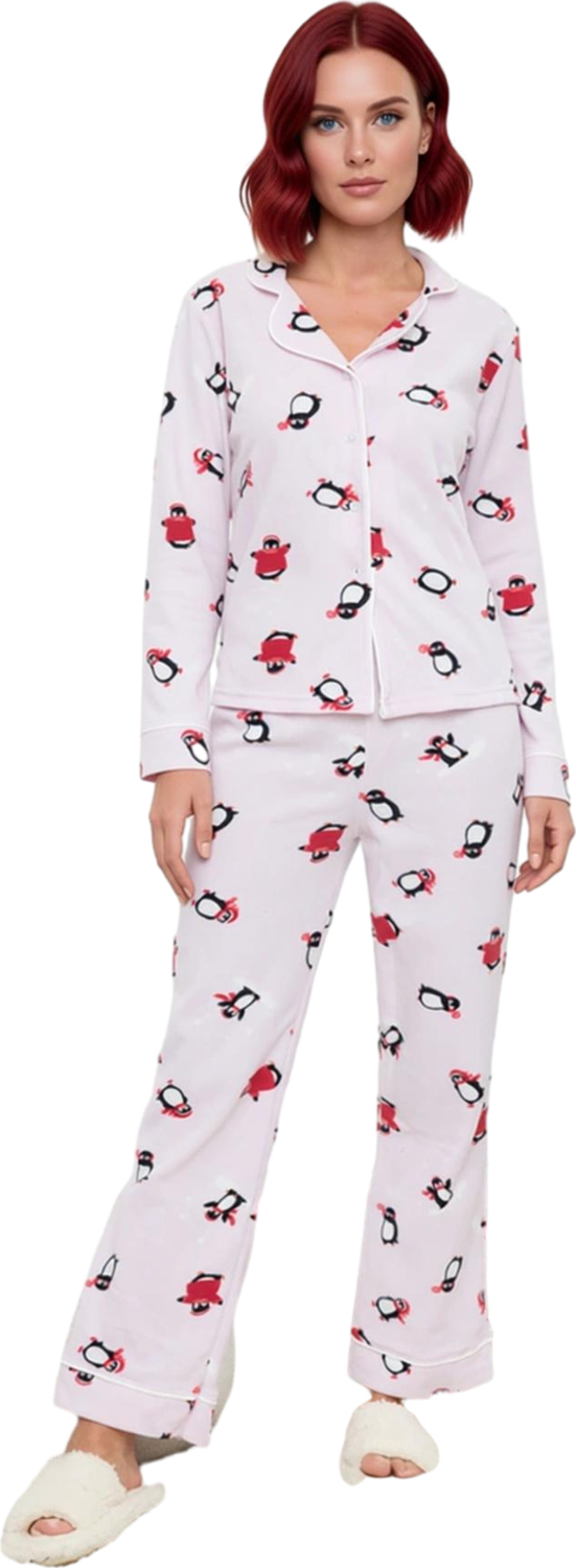 Kadın Polar Penguen Baskılı Gömlek Yaka Pijama Takımı Fonksiyonel Dayanıklı Kaliteli Rahat