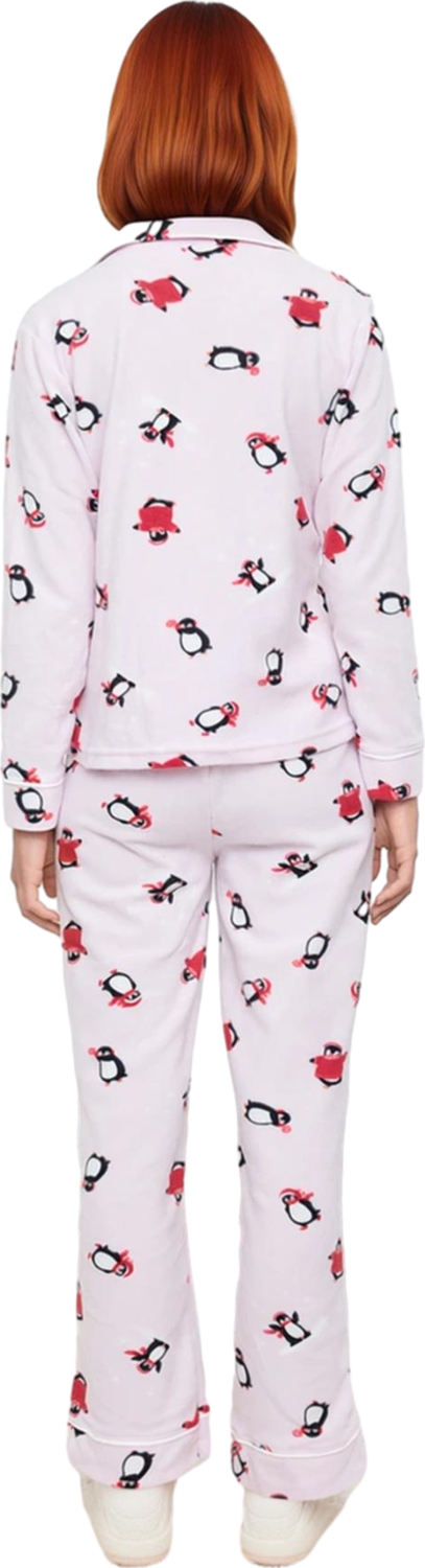 Kadın Polar Penguen Baskılı Gömlek Yaka Pijama Takımı Fonksiyonel Dayanıklı Kaliteli Rahat