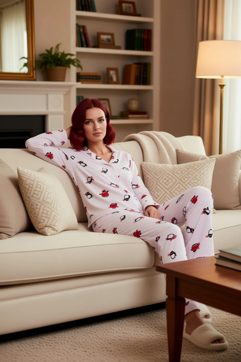 Kadın Polar Penguen Baskılı Gömlek Yaka Pijama Takımı Fonksiyonel Dayanıklı Kaliteli Rahat