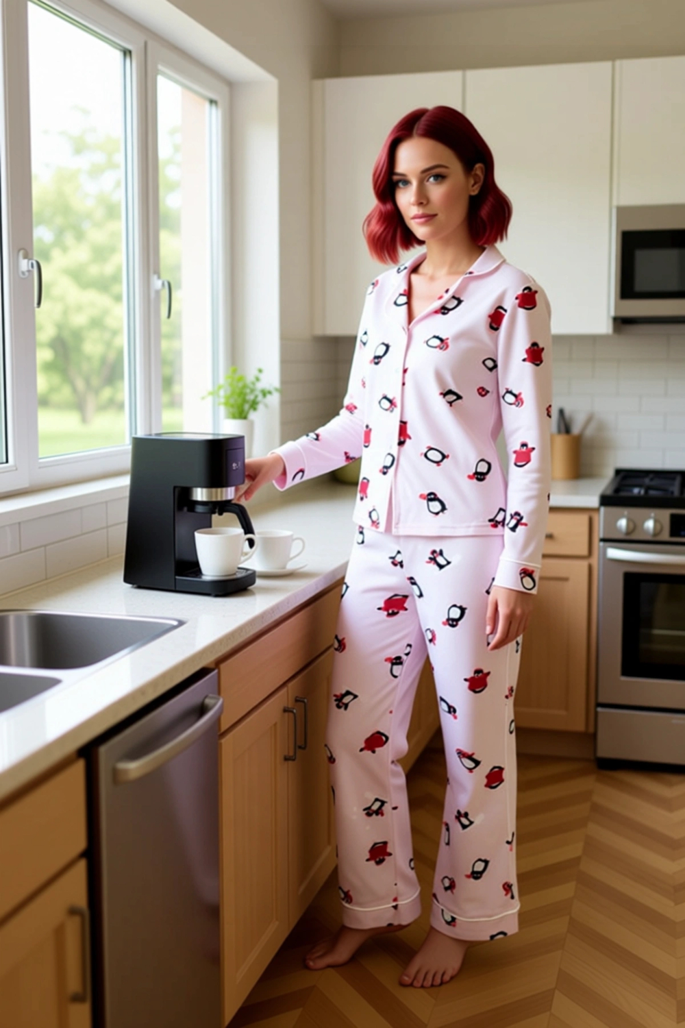 Kadın Polar Penguen Baskılı Gömlek Yaka Pijama Takımı Fonksiyonel Dayanıklı Kaliteli Rahat