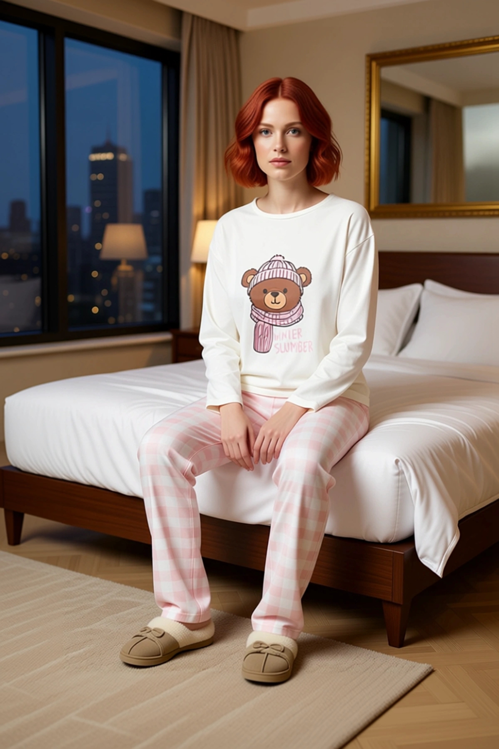 Kadın Ayıcık Baskılı Ekose Pijama Takımı Fonksiyonel Dayanıklı Kaliteli Konforlu Estetik Şık