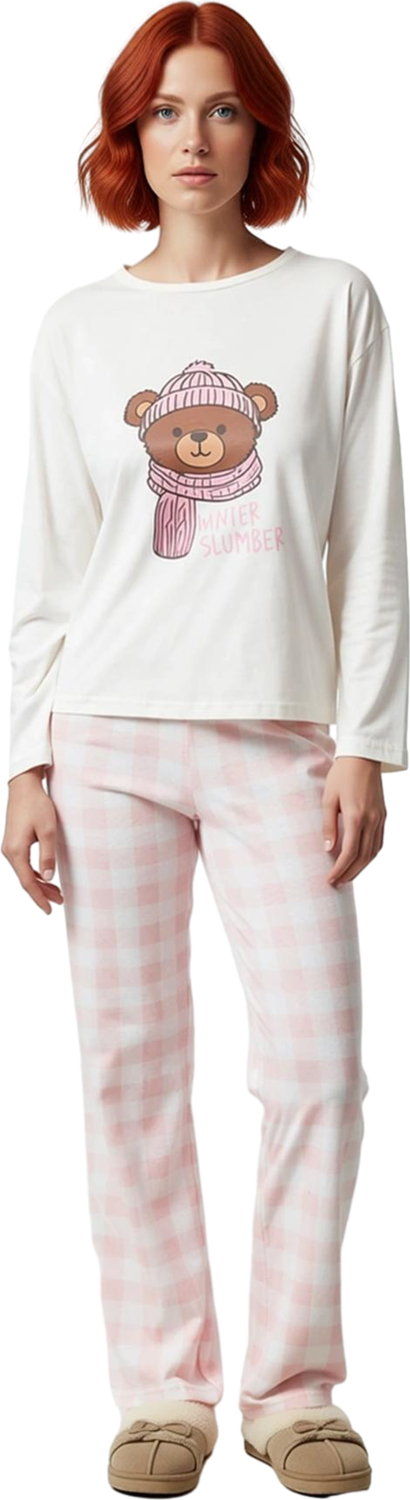 Kadın Ayıcık Baskılı Ekose Pijama Takımı Fonksiyonel Dayanıklı Kaliteli Konforlu Estetik Şık